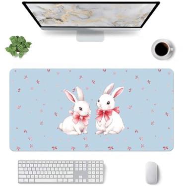 Imagem de Kawaii, tapete de mesa com laço, coelho, pequeno, extenso, teclado para jogos, mouse pad, couro azul macio antiderrapante para escritório/casa/estudo
