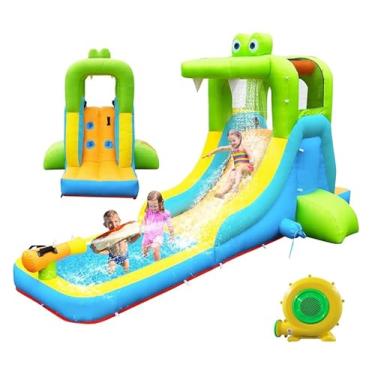 Imagem de NBSPORT Toboágua Inflável - Parque Aquático Com Tema De Crocodilo, Castelo Inflável, Soprador, Parede De Escalada, Piscina Infantil, Canhão De Água, Toboágua Inflável Para Crianças E Adultos No Qui