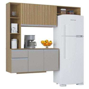 Imagem de Cozinha Suspensa Com Balcão Mel 163 Cm Damasco Ripado Off White- Poque