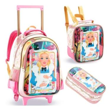 Imagem de Mochila Rodinha Infantil Alice Baralho Lancheira Estojo Cor Rosa - DEN