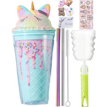 Imagem de viva story Copo de viagem de unicórnio com canudo chocolate copo bebendo gelo leite caneca de café copo de plástico para piquenique festa presente de aniversário (chocolate unicórnio azul 2, 450 ml)