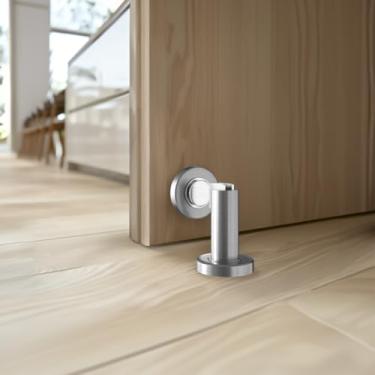 Imagem de Batente de porta magnético moderno | Trava de porta resistente projetada para montagem no chão e na parede, suporte de porta magnético, batente de porta durável de liga de zinco, pacote com 2 (níquel