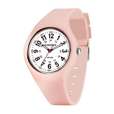 Imagem de PINDOWS Relógio de pulso feminino analógico de quartzo com pulseira de silicone para jovens estudantes, fácil leitura, impermeável, unissex, mostrador luminoso, rosa, Esportivo