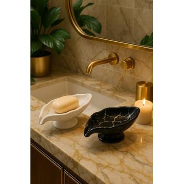 Imagem de Porta Sabonete De Cerâmica Estilo Mármore Com Design De Folha Para Banheiro Luxuoso E Decorado (Branco)