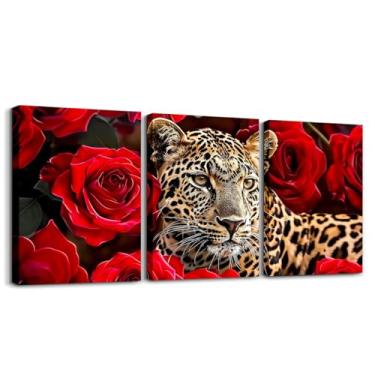 Imagem de Feelyou Arte de parede em tela de leopardo para sala de estar quarto 30,5 cm x 40,6 cm 3 peças rosa guepardo decoração de parede animal selvagem banheiro arte de parede vermelho rosa marrom pintura de