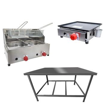 Imagem de Kit Lanchonete Mesa De Manipulação 100x55cm + Fritadeira A Gás 2 Cuba + Chapa A Gás 30cm Alcamar