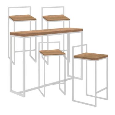 Imagem de Kit 4 Banquetas Lyno + 1 Mesa Bancada Aparador Mavye 150cm Ferro Branco Castanho - Amey Decor
