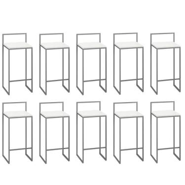 Imagem de Kit 10 Banquetas Alta Com Encosto Lyno Industrial Balcão Bistrô Ferro Cinza Branco - Amey Decor