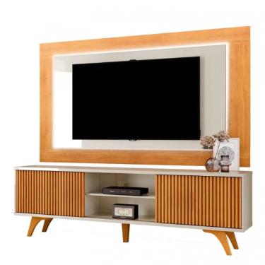 Imagem de Painel Atenas E Rack Siena C-led Pés Madeira Maciça Mavaular Naturalle - Off White