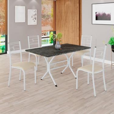 Imagem de Conjunto Sala De Jantar Mesa Retangular 120x75cm Tampo Pedra Ardósia Indiana 4 Cadeiras Paraty Creme - Branco