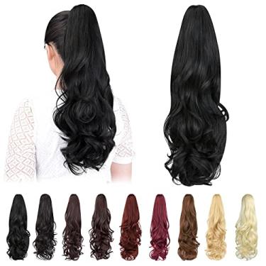 Imagem de ShulaSHOP Extensão De Rabo Cavalo, 22" Extensões Cabelo Com Presilha Garra, Longa E Cacheada, Peruca Sintética Aparência Natural Para Mulheres, Preta