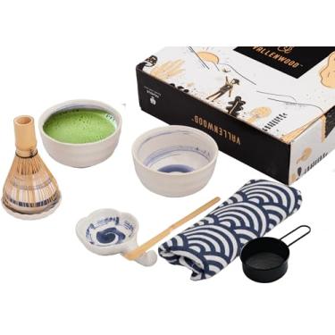 Imagem de VALLENWOOD Um Conjunto Exclusivo De Matcha: 9 Peças, Kit Nível Cerimonial Com 2 Tigelas Grossas Pintadas À Mão Em Branco Esmaltado. Batedor E Concha Bambu, Peneira, Caminho Mesa, Suporte Para Picar