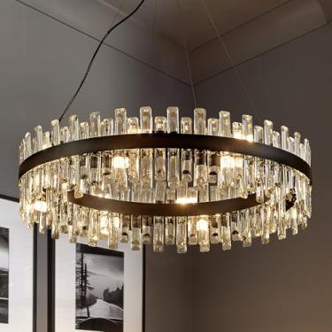 Imagem de lighceac Lustre De Cristal Moderno Preto 31,9" Luminárias Luxo Lustres 2 Anéis Para Sala Jantar Iluminação Pendente Redonda 16 Luzes Estar Cozinha Ilha Entrada Quarto