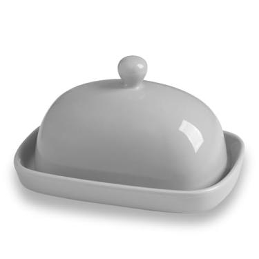 Imagem de Sweejar Manteigueira De Cerâmica Com Tampa Para Bancada, Puxador Porcelana, Recipiente Manteiga East/West Coast Butter, 19 X 10 Cm (Cinza)