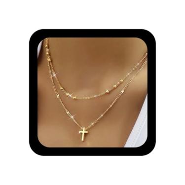 Imagem de Xduargs Colar Boho com pingente de cruz em camadas, corrente de bola de crucifixo de ouro, vintage, cruz, cruz, ajustável, colares religiosos, cristãos, joias para mulheres