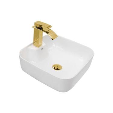 Imagem de Kit Cuba Pia Louça Cerâmica Banheiro C/Torn E Vál Dourada 46 - Smart N