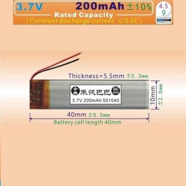 Imagem de Bateria 3.7v 200 Mah 5,5mm X10mm X 40mm 2 Fios 551040 - bgb