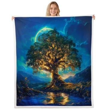 Imagem de Cobertor Life Golden Tree para crianças, lua montanha, natureza, rústico, cabana para meninas, meninos, cobertor felpudo azul boêmio, retrô, tamanho queen (224 x 224 cm)