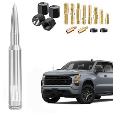 Imagem de Antena bala de caminhão de carro com tampas de haste de válvula, mastro para GM Chevy Silverado 1500 2500 3500 HD Avalanche Ford F150 F250 F350 Denali caminhonete resistente acessórios (prata) -