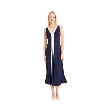 Imagem de Luxely For Maggy London Vestido midi feminino, sem mangas, decote em V, silhueta evasê com acabamento contrastante, Azul noturno/branco fumê, 42