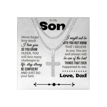 Imagem de 72ore Colar To My Son, presentes da mãe, prata, aço inoxidável, elos cubanos, correntes em camadas para homens, pingente de cruz grande, joias Nceklace presentes para filho adulto, Sem Pedra Preciosa