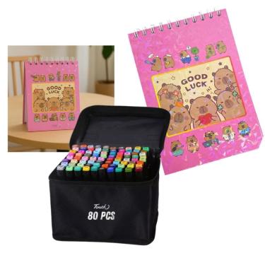 Imagem de Canetinhas 80 Cores Livro Pintar Desenho Capivara Fofa Feliz 50 Folhas Estojo Livrinho Divertido Relaxante Hobbie Lazer