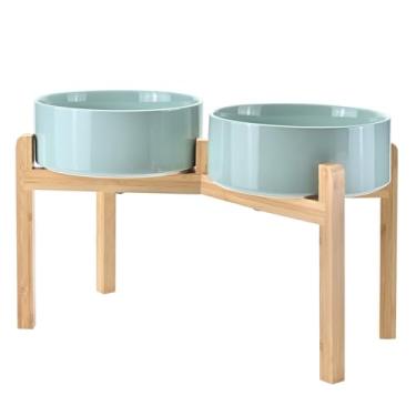 Imagem de SPUNKYJUNKY Tigelas elevadas de cerâmica para cães, 21 cm, para alimentos, água, elevadas com suporte de bambu antiderrapante, para raças grandes, podem ser lavadas no micro-ondas - 1,701 g, verde