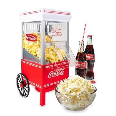 Imagem de Nostalgia Máquina de fazer pipoca vintage Coca-Cola de ar quente – Faz até 12 xícaras – Sem óleo – Pipoca mais saudável – Carrinho clássico de pé com rodas – Inclui copo medidor – Branco e vermelho