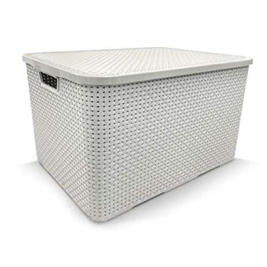 Imagem de Caixa Organizadora Plástica Cesto Rattan 20 Litros Branca Com Tampa