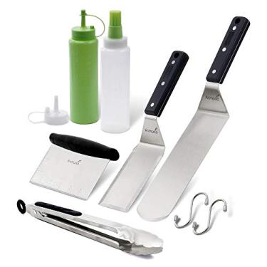 Imagem de Anmarko Conjunto de espátulas de metal de aço inoxidável e raspador - Conjunto de 6 espátulas de chapa de chef profissional - Acessórios resistentes, ótimos para churrasqueira de ferro fundido, grelha