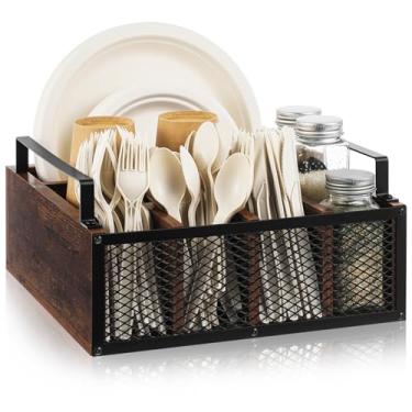 Imagem de Mimorou Dispensador de pratos de papel de madeira, porta-utensílios, balcão de cozinha, talheres, talheres e talheres para festa, suporte de prato de papel para copos, colheres, garfos, guardanapos