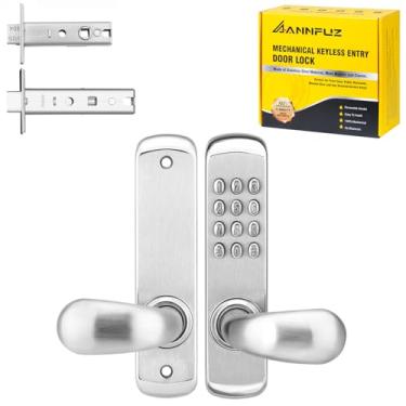 Imagem de ANNFUZ Teclado de fechadura de porta de entrada sem chave mecânica de aço inoxidável com alça, conjunto de fechadura de porta de entrada de um lado com código e chaves, alavanca de porta frontal