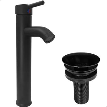 Imagem de Dona D Cor, Torneira Preta Pia Banheiro Bica Alta E Valvula Click 7/8 Inox Torneira Redonda Monocomando Misturador Ralo Escoamento Kit Lavabo Preto Fosco Luxo