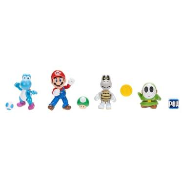Imagem de Super Mario Nintendo 4 Inch Action Figure Wave 40 4-Pack, Includes Mario, Dry Bones, Light Blue Yoshi, and Green Shy Guy