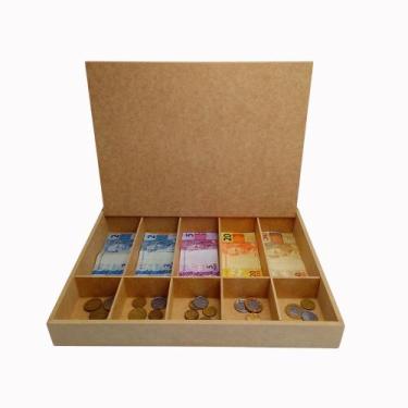 Imagem de Caixa Dinheiro 5 Divisórias Cédulas Moedas Com Tampa Forte Mdf - DF Mo