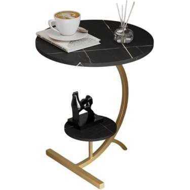 Imagem de Mesa Ed Em Forma De C, Mesa Roud Ed Mesa Lateral De 2 Andares Pequena Mesa De Sofá Vitage Para Sala De Vida Quarto, Mesa De Café De Mármore Com Prateleira De Armazenamento Para Casa, Black C