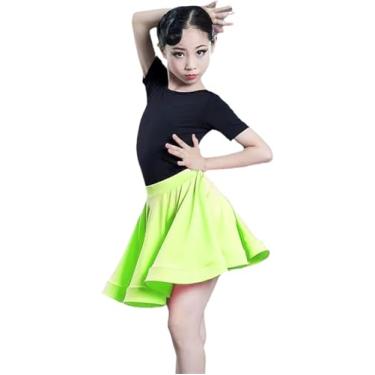 Imagem de 2023 Novo Vestido Latino Dae Para Meninas Verão Em Torno Do Pescoço Manga Curta Collant E Saia Para Rumba Samba Cha Cha Tango Crianças Roupas Latinas Para Treinamento, Green, 130