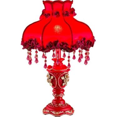 Imagem de Lâmpada De Mesa Vitoriana, Luz De Mesa Tradicional Art Deco Vermelha, Lâmpada De Cabeceira Nórdica Moderna, Corpo Da Lâmpada De Resina, Abajur De Tecido, Luz Noturna Para Presente, Red