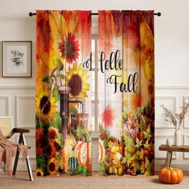 Imagem de Cortinas de outono 203 cm de comprimento com folhas de bordo laranja queimadas para sala de estar, quarto, semitransparentes, outono, Ação de Graças, abóboras, cortina floral, sala de jantar, cortina
