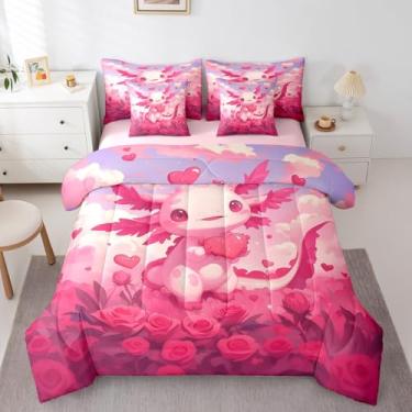 Imagem de Erosebridal Jogo de cama fofo de axolote com estampa de animais e axolotl, rosa, rosa, vida selvagem, 7 peças, para crianças, meninos, meninas, kawaii, amor, coração, floral, conjunto de cama