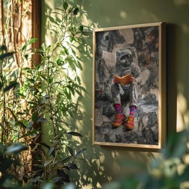 Imagem de Quadro Decorativo Astronauta Leitor Com Moldura Espaço Livros Geek Decoração Nerd Infantil Juvenil Moderno Quarto Sala Criativo