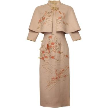 Imagem de Vestido Cheongsam Chinês Feminino - Moderno Manga 3/4 Longo Cheongsam Slim Vestido Outono Inverno Elegante Tradicional Festa À Noite Vestidos De Noiva Jaqueta Qipao, As Shown, L