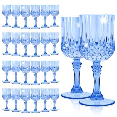 Imagem de Pesonlook Pacote com 24 taças de vinho de plástico azul, taças de plástico vintage para festas, taças de água de cristal azul claro reutilizáveis para recepção de casamento, suprimentos de festa para