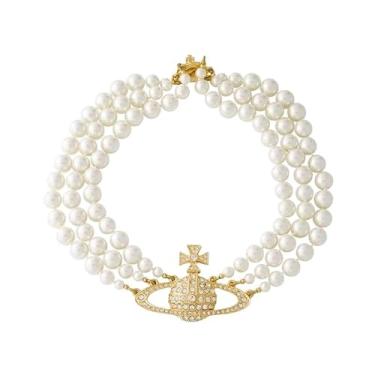 Imagem de DIAMANTIO Colar gargantilha de imitação de pérolas de luxo de 3 camadas com pingente de planeta de cristal CZ – joia feminina banhada a ouro 18K