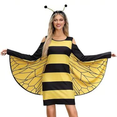 Imagem de ChungLong0593 Vestido feminino de fantasia de abelha/joaninha - vestido de ombro vazado com asas para cosplay para festa de Halloween, Amarelo, Large