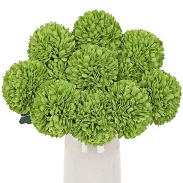 Imagem de Briful 12 hastes artificiais de crisântemo verde – cabeças de flores de seda de 28 cm de altura com folhas verdes, hastes flexíveis para arranjos florais de outono, casa, casamento e decorações
