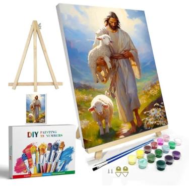 Imagem de igoodom Kit de pintura por números para adultos com moldura e cavalete, pintura acrílica DIY de 20 x 30 cm em tela com caixa, conjunto de pintura de Jesus por números para decoração de parede de casa