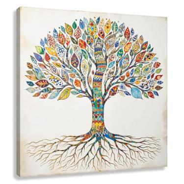 Imagem de Árvore da Vida Arte de parede em tela impressa com folhas coloridas Decoração Cores vibrantes Pintura para sala de estar 30x30cmx1