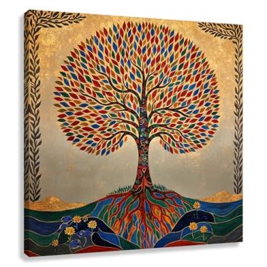 Imagem de Árvore da Vida Arte de parede Impressão em tela Decoração para sala de estar Cores vibrantes Crescimento espiritual 40x40cmx1