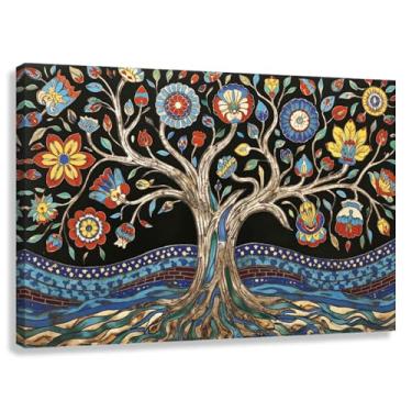 Imagem de Árvore da Vida Arte de Parede Impressão em Tela Decoração Harmonia da Vida Ramos Azul Profundo Flores Raízes Espiritual 90x60cmx1